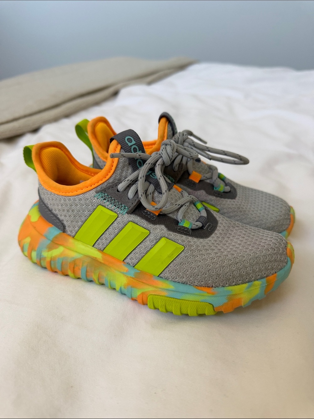 adidas Kids Grey with Neon Yellow & Orange Accent Sneakers